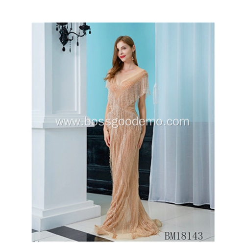 Latest design prom gown sequined v neck high split long evening prom party dresses with back drop towel